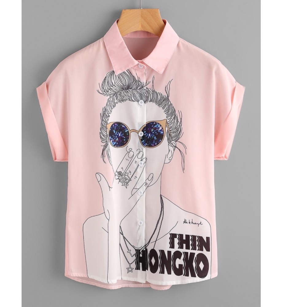 Girl face printed chiffon button down